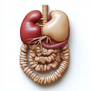detailed anatomical illustration of abdominal organs showing kidneys, liver, stomach, pancreas and coiled small and large intestines with mesenteric vessels, clinical and precise