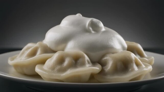 Traditional meat dumplings pelmeni topped with fresh sour cream on a plate.