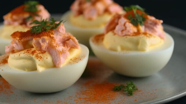 Gourmet Devilled Eggs Topped with Smoked Salmon Paprika and Fresh Herbs as Party Appetizer