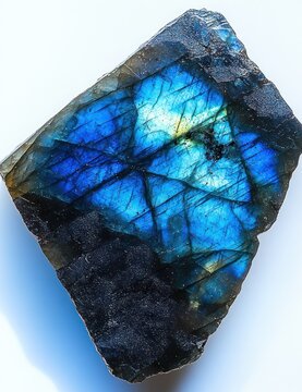 polished labradorite slab with vibrant blue iridescence and fractured dark matrix, evoking wonder