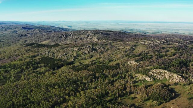 Urals in spring: Irendyk ridge, Mount Karatashmas. Aerial view.
