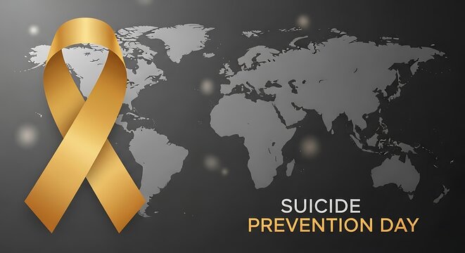 Golden ribbon on gray world map for suicide prevention day awareness