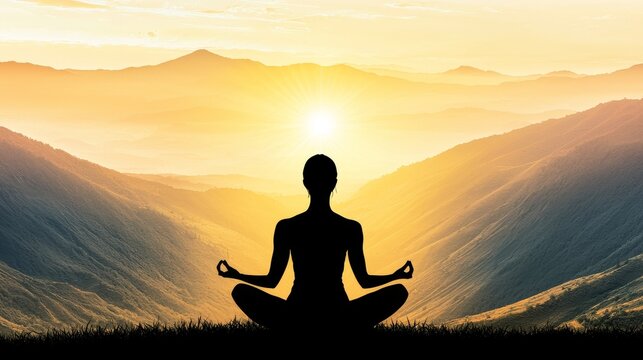 Woman Meditating Under Golden Sunrise in Serene Mountain Landscape