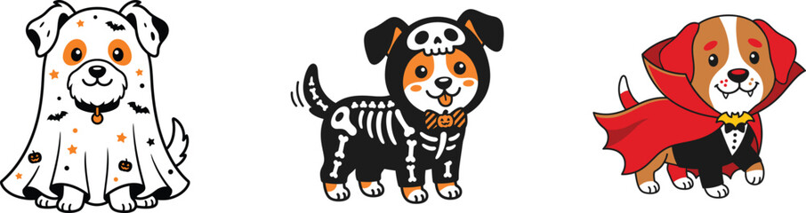 Fototapeta premium Halloween dogs in color vector illustrations of a ghost skeleton and vampire