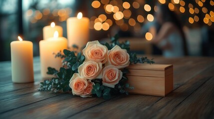 Obraz premium Peach roses and eucalyptus beside a wooden box on a rustic table with glowing candles, warm bokeh lights, and a blurred seated figure, evoking a soft romantic and contemplative atmosphere