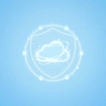 Cloud computing security concept with glowing protective digital barrier and padlock icons