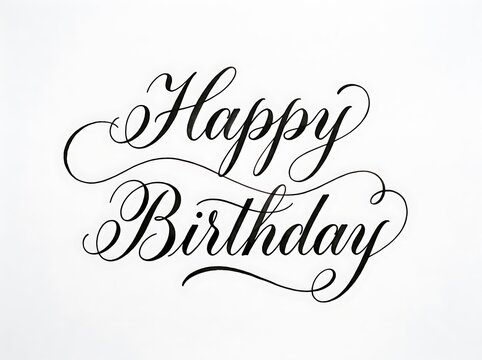 Happy birthday text in elegant black cursive calligraphy font style for greeting cards and party celebration designs