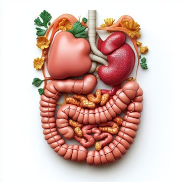 Whimsical colorful anatomical composition of human digestive organs including esophagus, stomach, liver, spleen, small and large intestines surrounded by yellow flowers and green leaves, serene