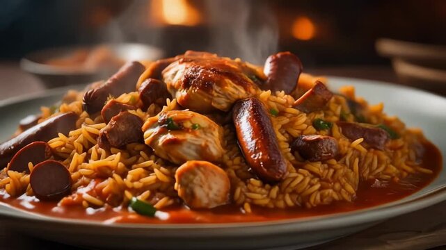 Steaming Plate of Traditional Cajun Jambalaya with Smoked Sausage and Chicken in a Warm Rustic Setting