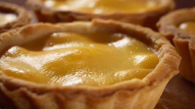 Close-up of freshly baked egg tarts with a glossy golden custard filling and flaky pastry crust