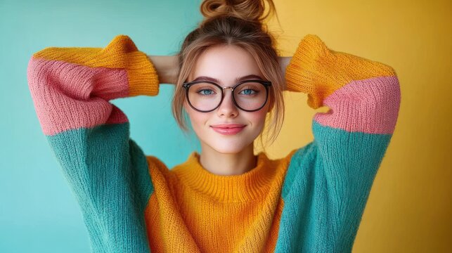 Person in colorful knit sweater with hands behind head, messy bun hair and blurred face against split teal and yellow background, relaxed confident playful pose