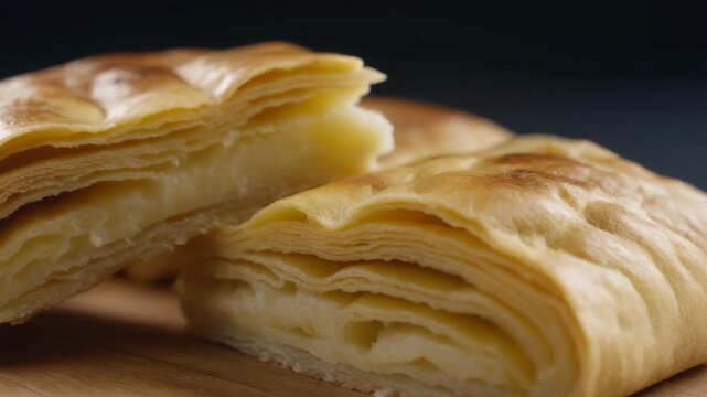 Close-up of golden flaky pastry with cream filling