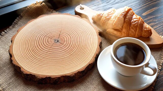 Rustic breakfast mockup with coffee, croissant and wooden log slice