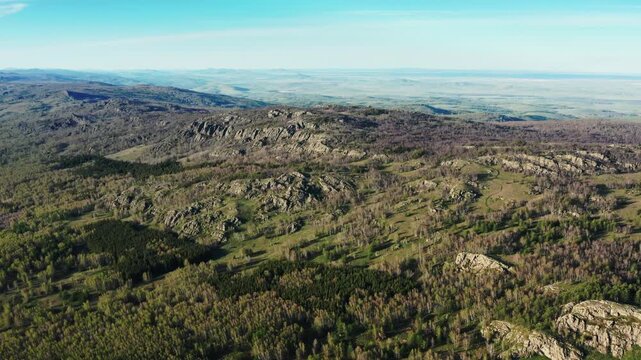 Urals in spring: Irendyk ridge, Mount Karatashmas. Aerial view.