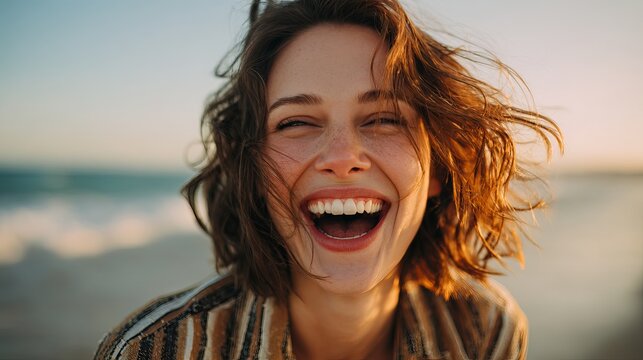 Young woman with messy brown hair laughing joyfully while enjoying the warm golden sunlight during a bright summer beach day