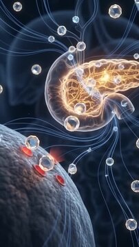 3d insulin resistance body interface showing molecular interaction cellular communication pancreas glucose hormone visualization with glowing pathways dynamic flow and complex biological activity