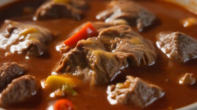 Close-up of Hearty Beef Stew with Tender Meat and Vegetables in Rich Brown Gravy