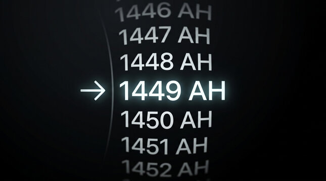 Digital display showing islamic year in AH, with arrow pointing to 1449 AH