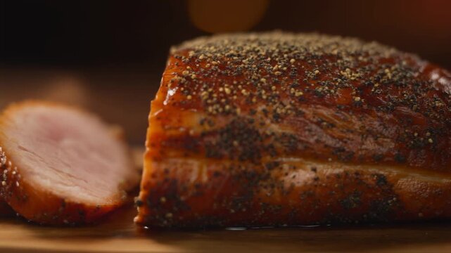 Glazed roasted ham with black pepper crust on wooden board