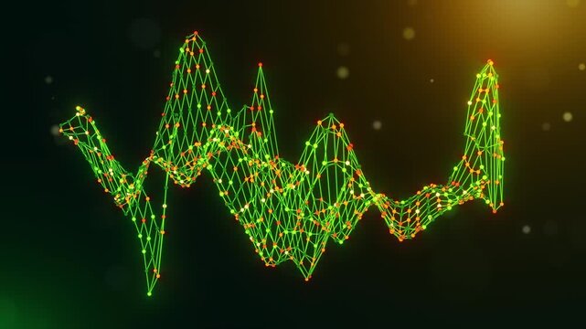 Dynamic camera movement reveals a flowing neural network forming the shape of Mexico with luminous green, yellow, and orange nodes against a cinematic bokeh background for advanced technology visuals.