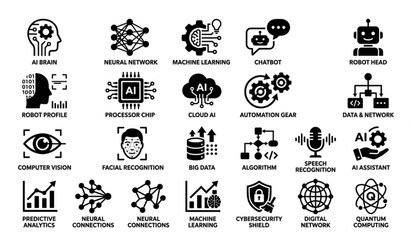 Fototapeta premium Black and white AI technology icon set with artificial intelligence machine learning and automation symbols vector illustration isolated on white background