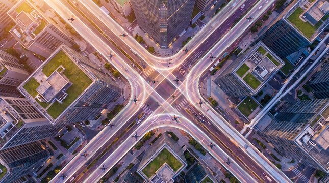 Top down aerial view of complex city intersection with light trails during sunset intersection transportation infrastructure twilight architecture buildings metropolis development movement