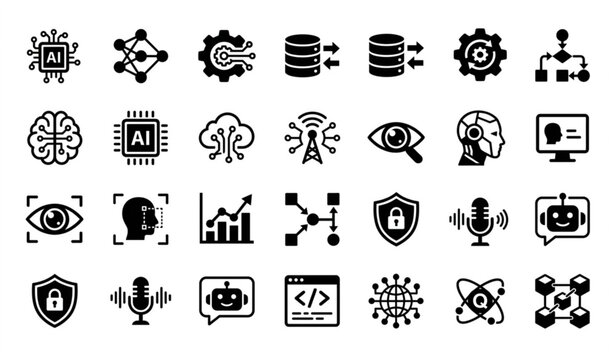 Black and white AI technology icon set with artificial intelligence machine learning and automation symbols vector illustration isolated on white background