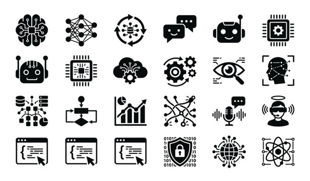 Black and white AI technology icon set with artificial intelligence machine learning and automation symbols vector illustration isolated on white background
