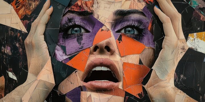 fragmented collage portrait of a distressed woman holding her head, wide blue eyes, open mouth, purple eye makeup and torn colorful paper pieces