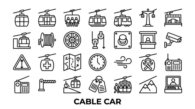 Comprehensive ski lift and cable car icon set.