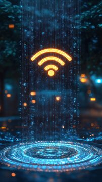 Glowing orange wireless signal hovering in a vertical blue holographic data stream above a circular digital platform in a nighttime park, evoking futuristic connectivity and wonder