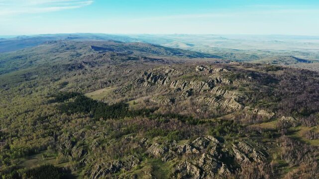 Urals in spring: Irendyk ridge, Mount Karatashmas. Aerial view.