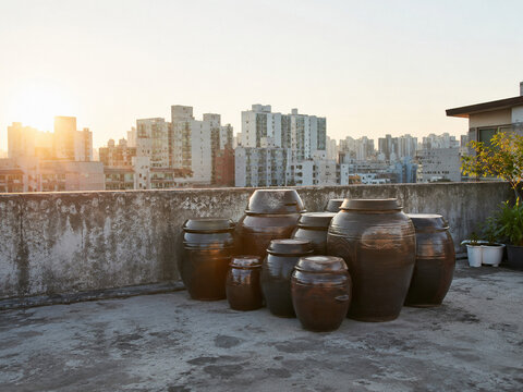Korean Rooftop Heritage Series - Traditional Onggi Jars Over Urban Sunset