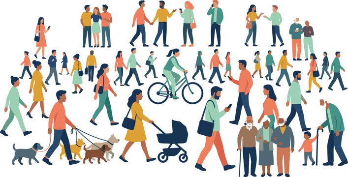 Diverse crowd of tiny people walking in public space vector flat element set with pedestrians, cyclists, dogs, and strollers.