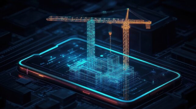 neon holographic construction site with two tower cranes and wireframe building projected above a smartphone, glowing blue and orange circuitry, futuristic innovation and wonder