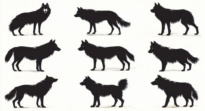 nine black wolf silhouettes in varied standing and alert poses on a clean white background conveying a calm, watchful mood