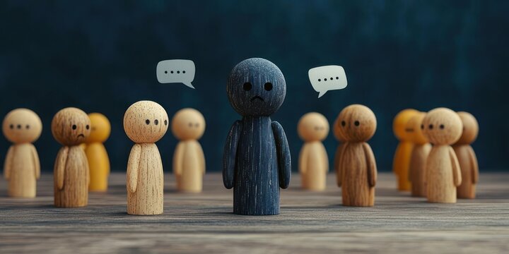 dark wooden figure with a sad face standing isolated on a wooden surface, surrounded by lighter wooden peg dolls and speech bubbles, conveying loneliness and exclusion
