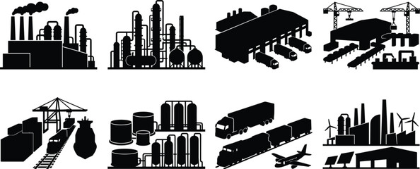 Obraz premium Industrial Factory Warehouse and Logistics Infrastructure Vector Icon Set Featuring Global Freight Shipping and Smart Manufacture Concepts
