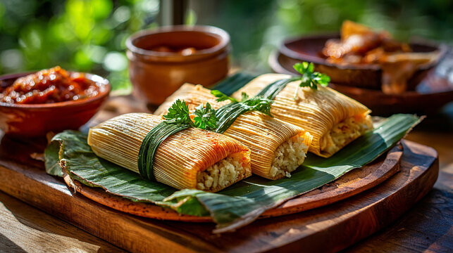 Traditional mexican tamales served on banana leaves with spicy salsa, authentic