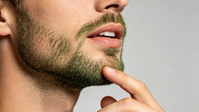 Close up portrait of a man with a unique green moss beard touching his chin symbolizing natural organic skincare eco-friendly lifestyle and connection to nature and environmental