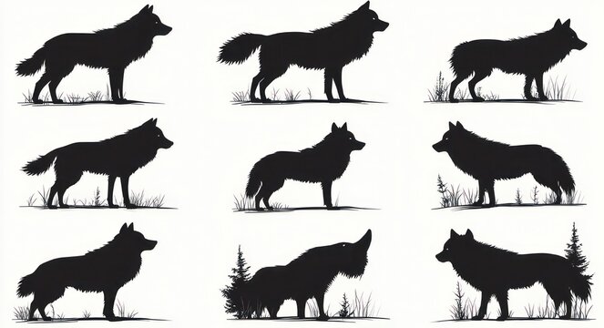 Nine black wolf silhouettes in profile showing standing, walking and howling poses above grass and small trees on a white background, evoking a wild, watchful, mysterious mood
