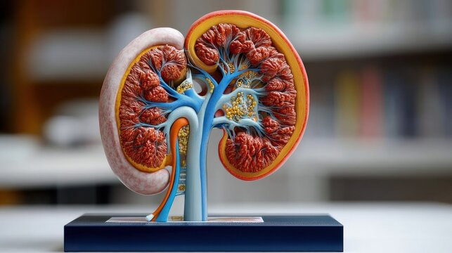 detailed anatomical kidney cross-section model on blue display stand on table with blurred bookshelves in background, educational and clinical mood