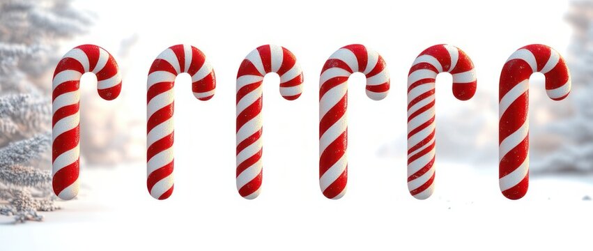 seven red and white striped candy canes lined up on snow with frosted pine trees in soft winter light, festive and cheerful