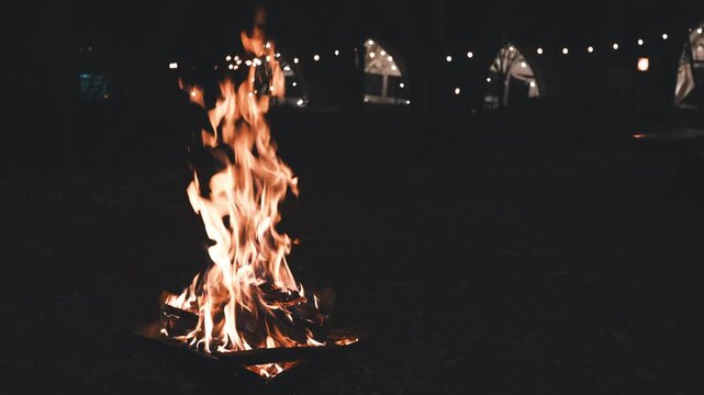 Cozy Campfire Flames at Night with String Lights in the Background
(배경에 조명이 빛나는 밤의 아늑한 캠프파이어 불꽃)