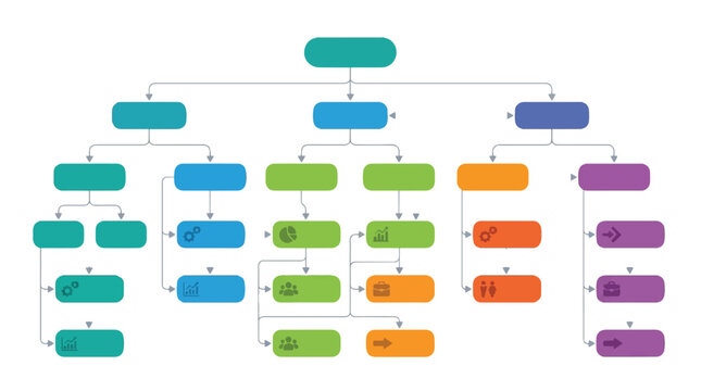 Corporate Hierarchy Chart Template with Colorful Organization Blocks, Arrows, and Structured Flow Diagram for Business Planning