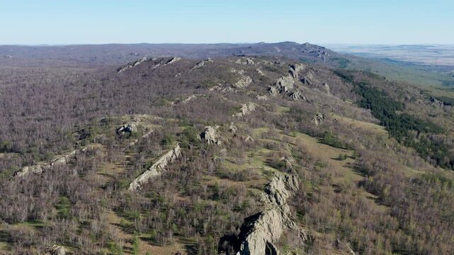 Urals in spring: Irendyk ridge, Mount Karatashmas. Aerial view.