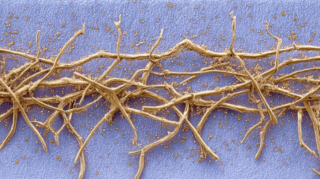 Intricate network of fungal hyphae and spores on a textured surface under microscopic examination