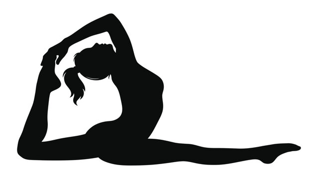 Gymnast silhouette performs an advanced yoga pose involving a deep leg split and arched back.