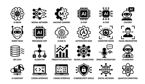 Black and white AI technology icon set with artificial intelligence machine learning and automation symbols vector illustration isolated on white background