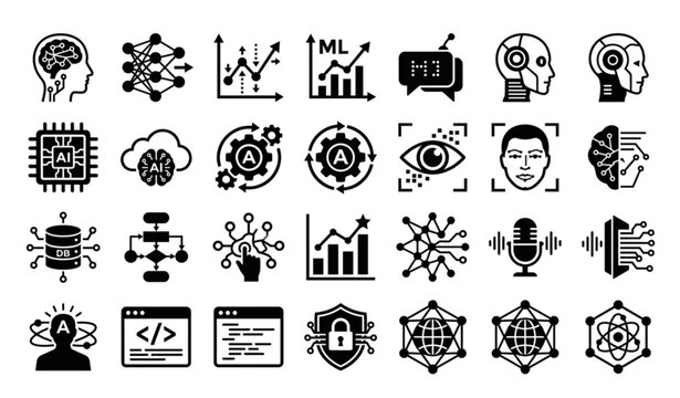 Black and white AI technology icon set with artificial intelligence machine learning and automation symbols vector illustration isolated on white background